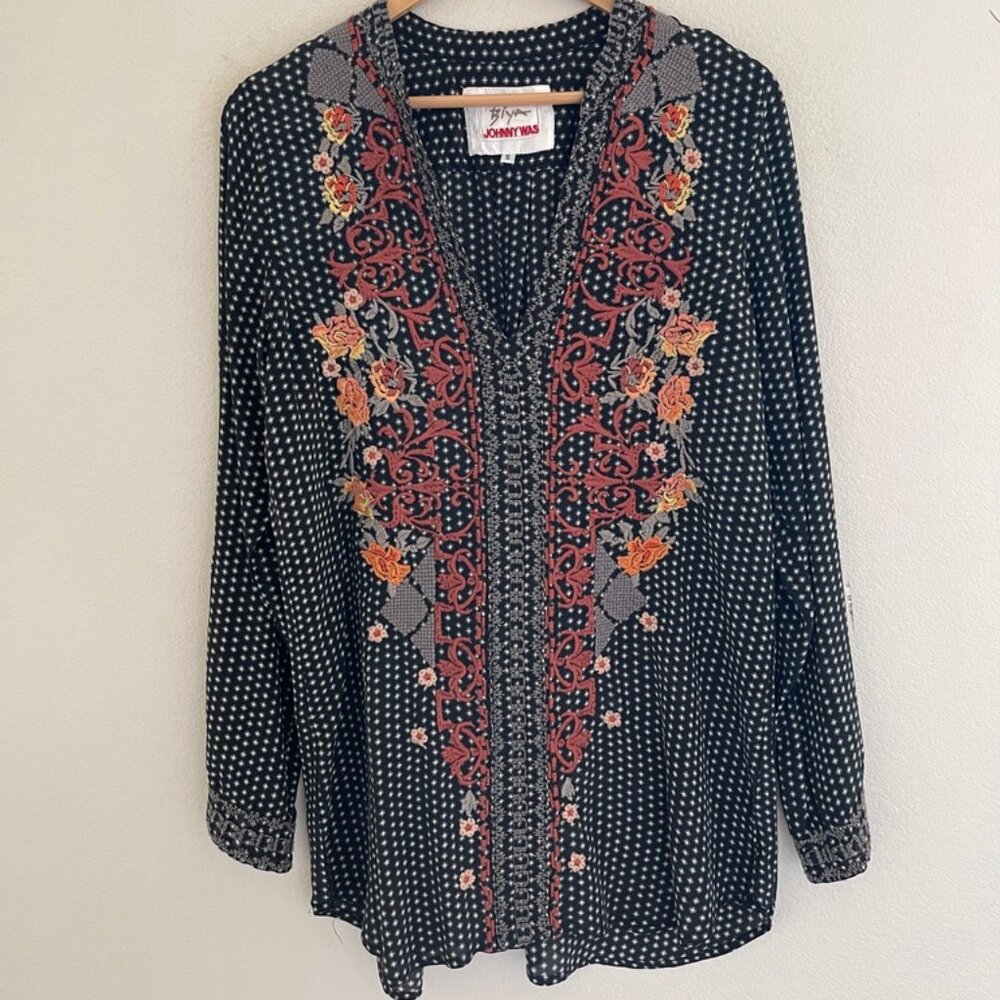 JOHNNY WAS Biya Star Dotted Floral Embroidered 100% SILK Tunic: NWOT! Size Small